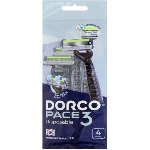 DORCO PACE 3 станки для бритья (4 шт) 3 лезвия, плавающая головка, увлажняющая полоса, артикул TRC 200BL, MIRBRITV.RU